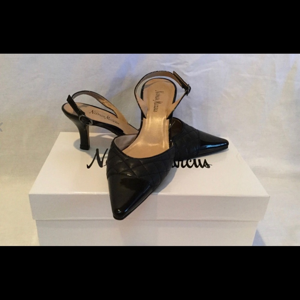 Size 8, NM brand, black quilted leather & patent cap toe in Chanel/Manolo style